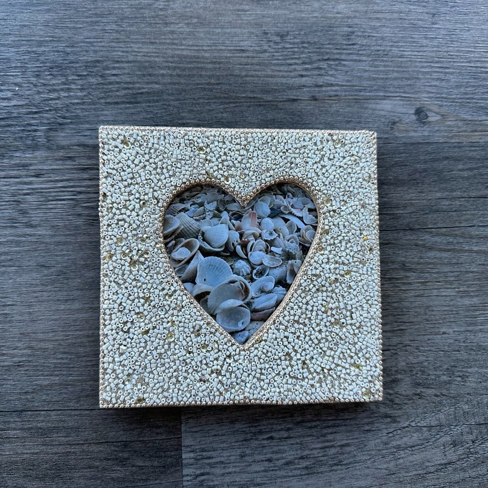 6" x 6" Frame 4" x 4" Photo - Heart Shaped Beaded Picture Frame - White and Wood